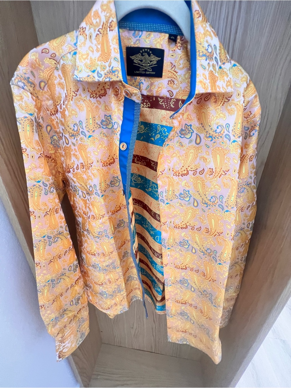 Pink Paisley Button-Up Shirt with Blue Trim